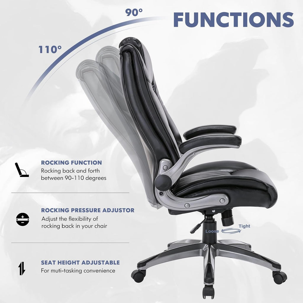 COLAMY Leather Executive Office Chair - High Back Home Computer Desk Chair with Padded Flip-up Arms, Adjustable Tilt Lock, Swivel Rolling Ergonomic Chair for Adult Working Study, Black