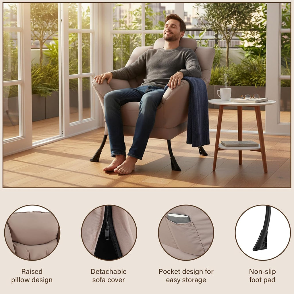 Welnow Khaki Single Lazy Chair for Living Room, Modern Reading Accent Chair with Armrests and a Side Pocket, Leisure Lazy Sofa Chair for Small Space, Bedroom, Dorm