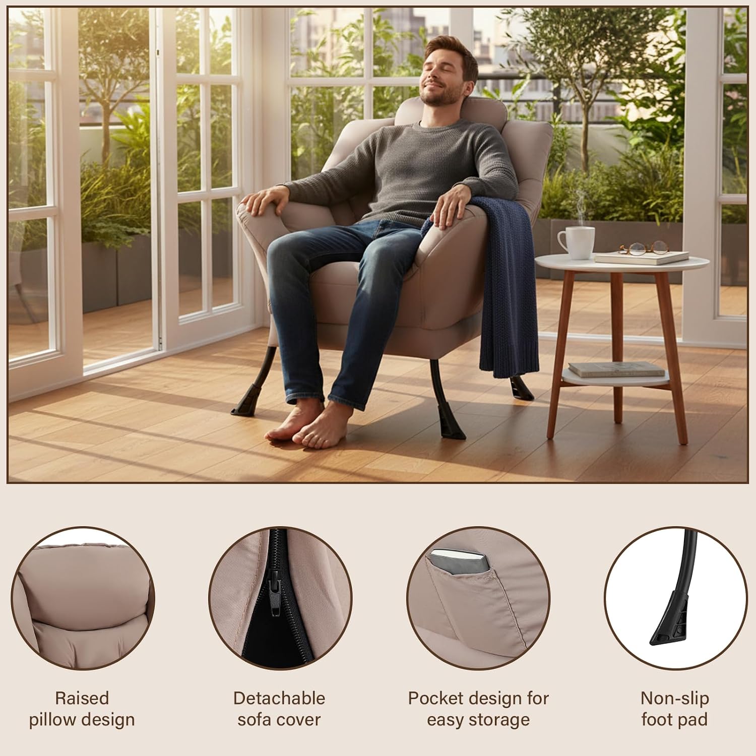 Welnow Khaki Single Lazy Chair for Living Room, Modern Reading Accent Chair with Armrests and a Side Pocket, Leisure Lazy Sofa Chair for Small Space, Bedroom, Dorm
