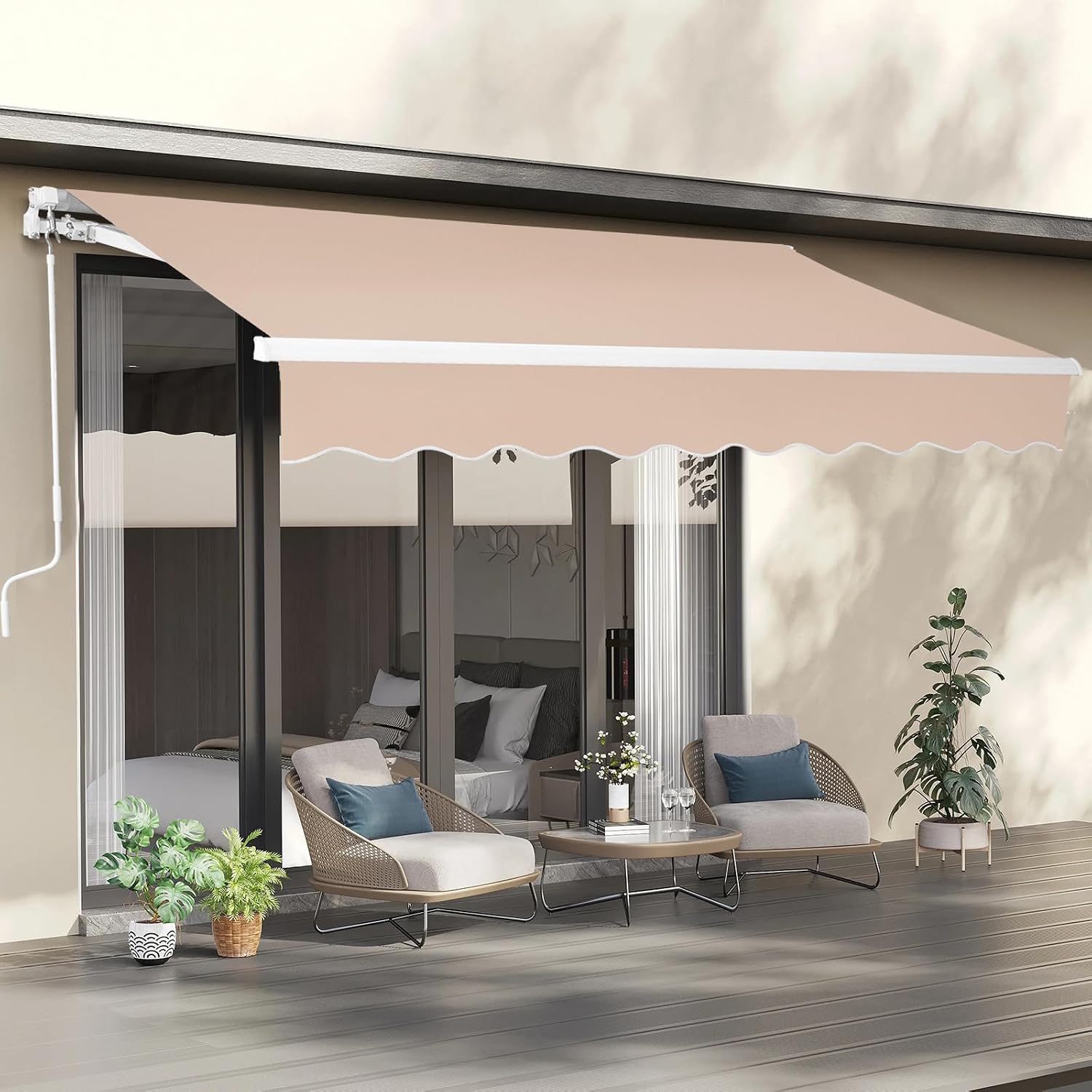 VINGLI 12' x 10 ' Retractable Awning for Patio Awning Door Awning with Manual Crank Handle, Aluminum Frame Door Canopy UV Resistant (Beige)