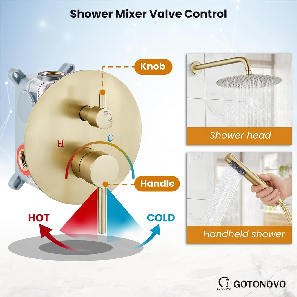 gotonovo Shower System 10 Inch Round Rainfall Showerhead Wall Mounted High Pressure Shower Faucet Set Fixture Combo with Rough in Valve and Cylindrical Handheld Spray, Brushed Gold