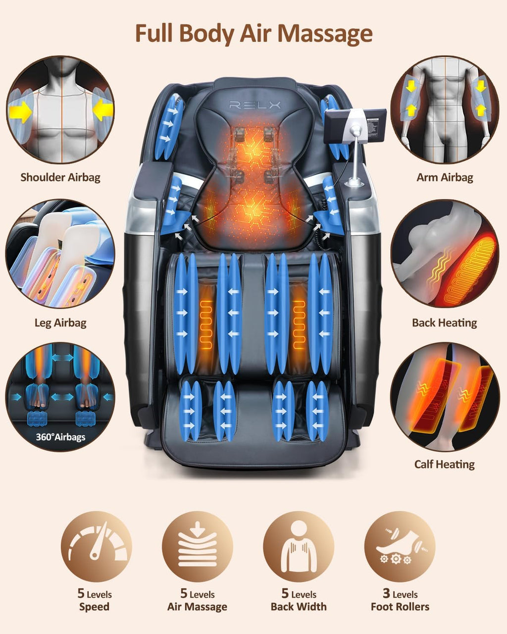 RELX Massage Chair Full Body, 20 Modes Zero Gravity SL-Track Shiatsu Massage Chair Built-in Heat System, Airbag Massage with Body Scan, Deep Yoga Stretch, Calfrest Extension and AI Control(Black)