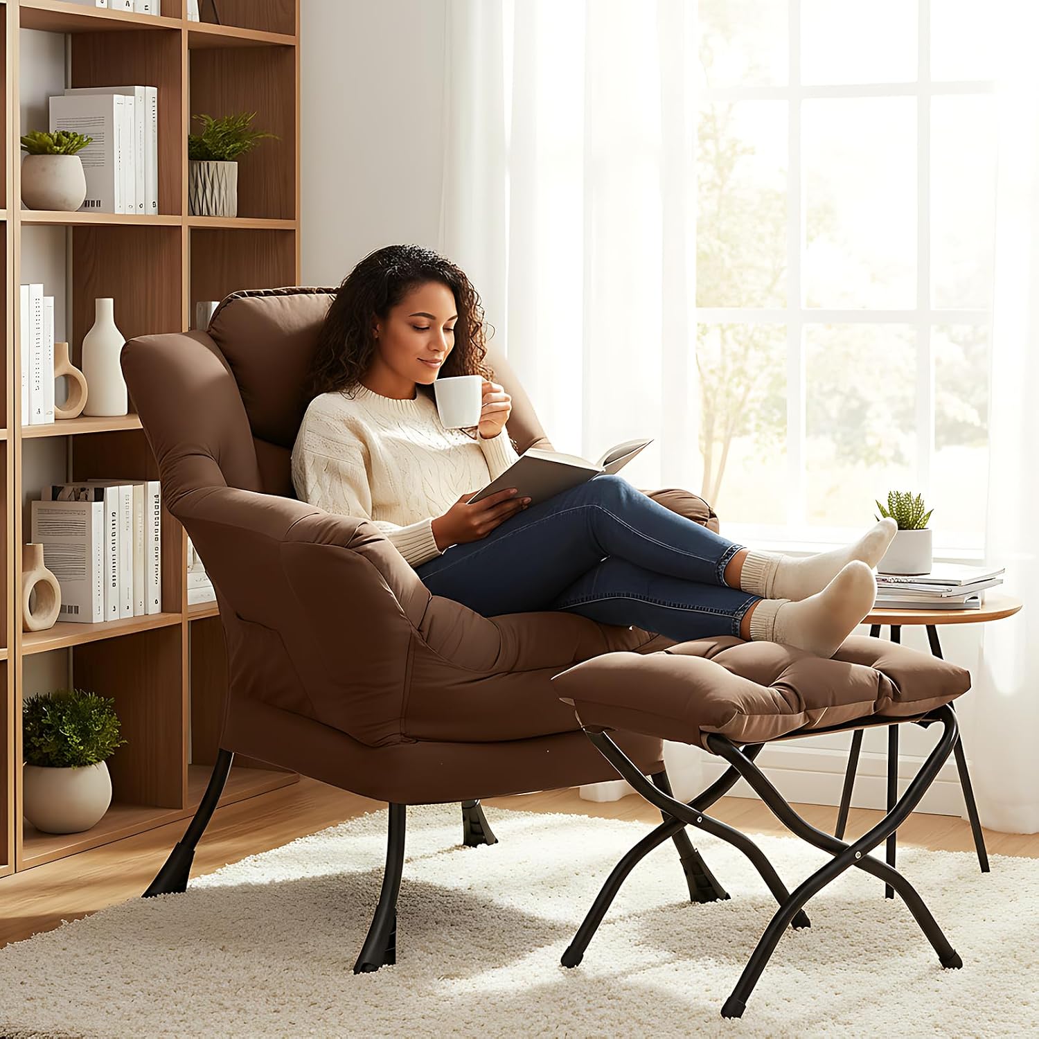 Welnow Lazy Chair with Ottoman, Modern Accent Armchair with Armrests and a Side Pocket, Leisure Sofa Armchair Set, Reading Chair with Footrest for Small Space, Dark Brown