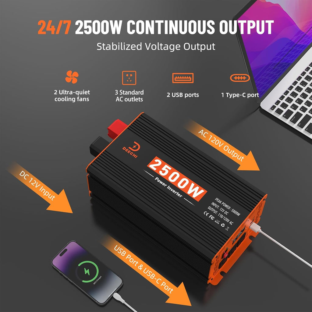2500W Power Inverter 12V DC to 110V/120V AC Converter for RV/Truck/Boat/Camping/Off-Grid Solar Car Power Inverter Peak Power 5000W with 3 AC Outlets,USB & Type-C Port, Remote Controller & LCD Screen