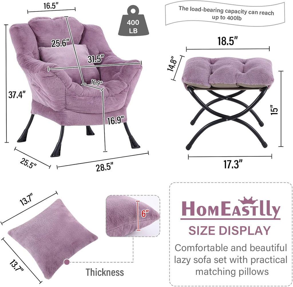 Lazy Chair with Ottoman, Reading Chair with a Pillow, Leisure Sofa Armchair with Ottoman, Large Accent Chair for Bedroom, Living Room, Dorm Room, Plush Purple