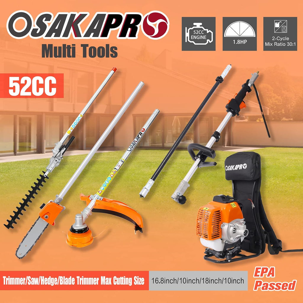 52cc 2-Cycle Backpack Gas Multi-Trimmer | 4-in-1 String Trimmer w/Rotatable Pole Saw, Weed Eater Weed Wacker, Brush Cutter & Hedge Trimmer Gas for Lawn, Yard, Garden Care, All-in-one Garden Tool