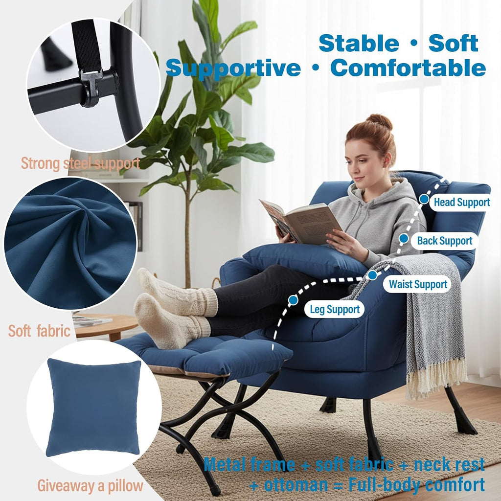 Lazy Chair with Ottoman, Reading Chair with a Pillow, Leisure Sofa Armchair with Ottoman, Large Accent Chair for Bedroom, Living Room, Dorm Room, Peach Royal Blue