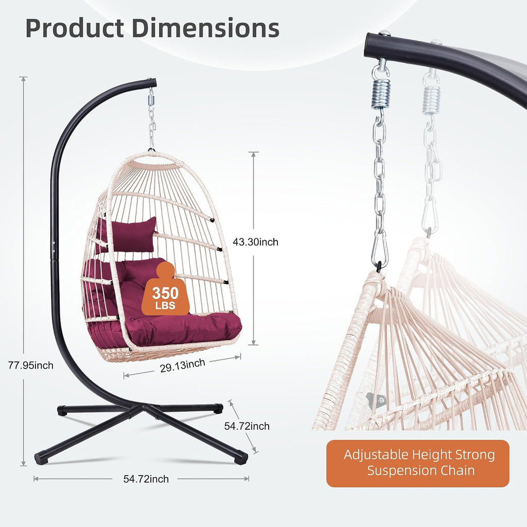 KEIKI Egg Chair with Stand & Cushion, Foldable Rattan Hanging Basket Chair for Indoor & Outdoor, 350LBS Capacity Hammock Swing Chair for Patio, Bedroom, or Balcony, Black & Rose Red