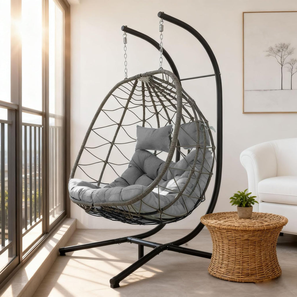 Egg Swing Chair with Stand 2Person Hanging Wicker Hammock Chair for Indoor & Outdoor Relaxation with Strong Load Bearing and Comfortable Cushion