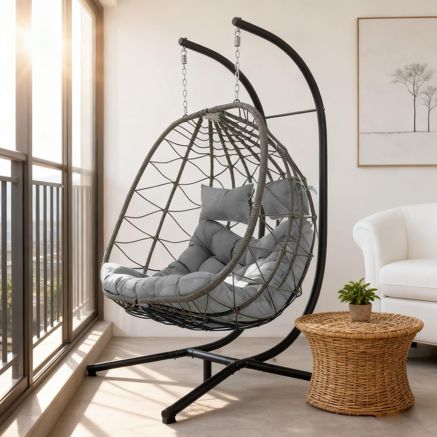 Egg Swing Chair with Stand 2Person Hanging Wicker Hammock Chair for Indoor & Outdoor Relaxation with Strong Load Bearing and Comfortable Cushion