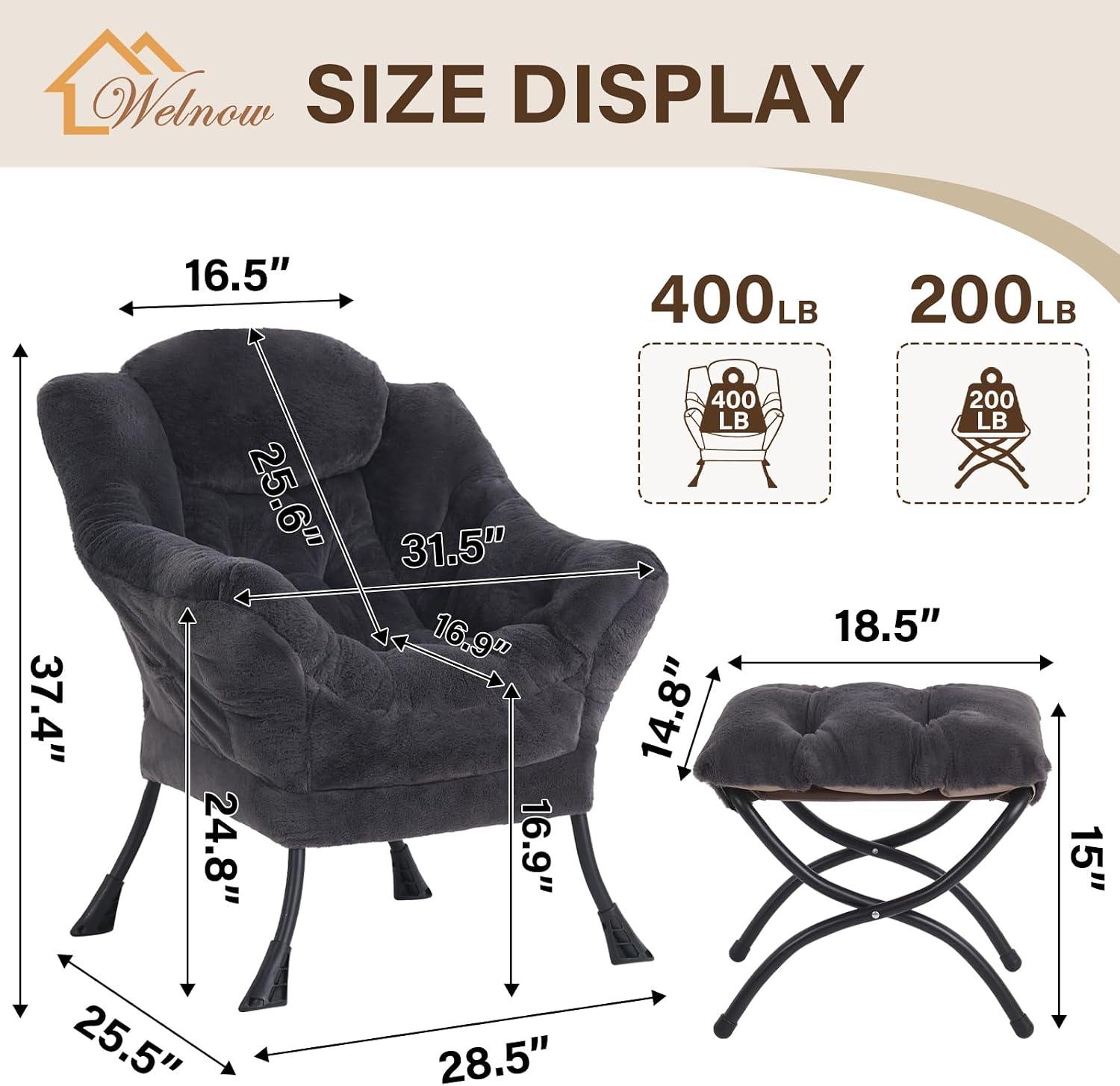 Welnow Lazy Chair with Ottoman, Modern Accent Chair with Armrests and a Side Pocket, Leisure Sofa Armchair, Reading Armchair with Footrest for Small Space, Plush Navy