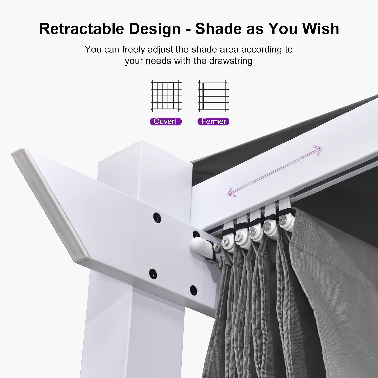PURPLE LEAF Outdoor Retractable Pergola with Curtains 10' x 13' White Patio Aluminum Pergola with Sun Shade Canopy for Backyard Deck Garden Modern Metal Pergola, Gray