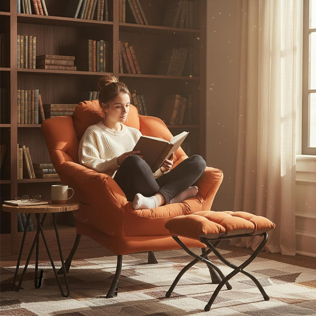 Welnow Lazy Chair with Ottoman for Living Room, Modern Reading Accent Chair with Armrests and a Side Pocket, Leisure Upholstered Lazy Sofa for Small Space, Bedroom, Dorm, Orange
