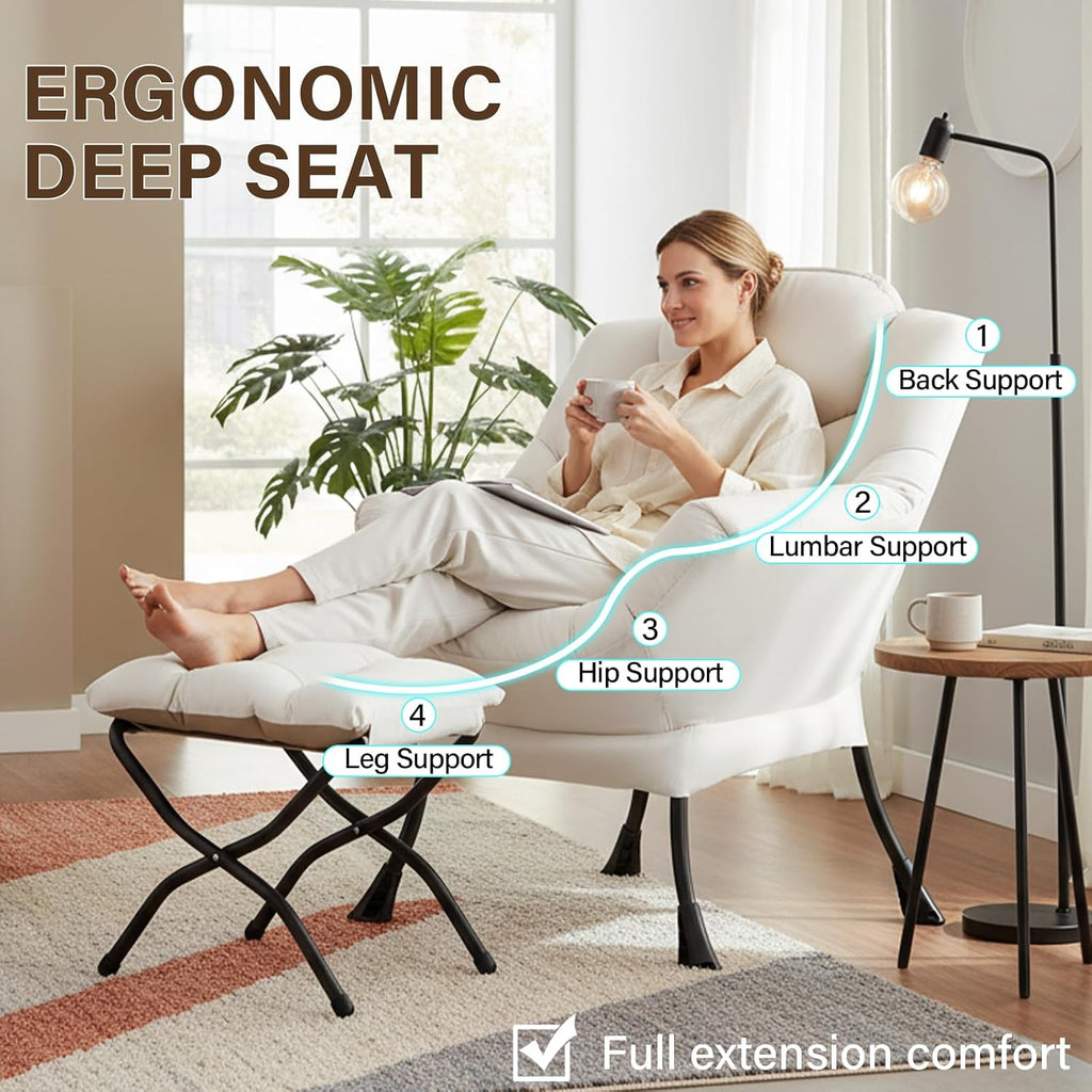 Welnow Lazy Chair with Ottoman, Modern Reading Accent Chair with Armrests and a Side Pocket, Leisure Upholstered Lazy Sofa Set with Footrest for Small Space, Beige
