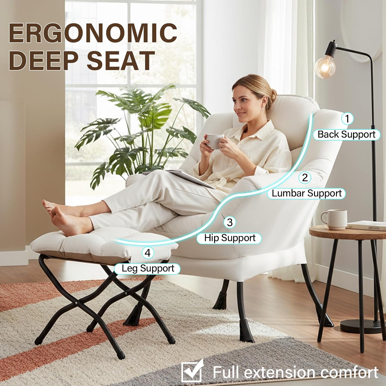 Welnow Lazy Chair with Ottoman, Modern Reading Accent Chair with Armrests and a Side Pocket, Leisure Upholstered Lazy Sofa Set with Footrest for Small Space, Beige
