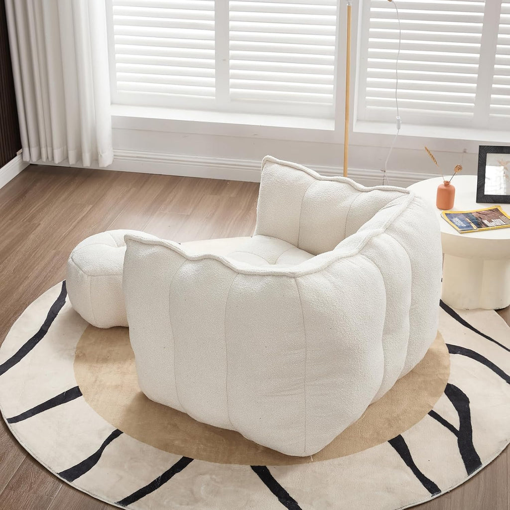 Giant Bean Bag Chair with Ottoman, Oversized Beanbag Chair for Adults, Comfy Floor Sofa Chair with Foam Filler, Pumpkin Lazy Lounger for Living Room, Game Room, Reading Corner, Chenille Beige