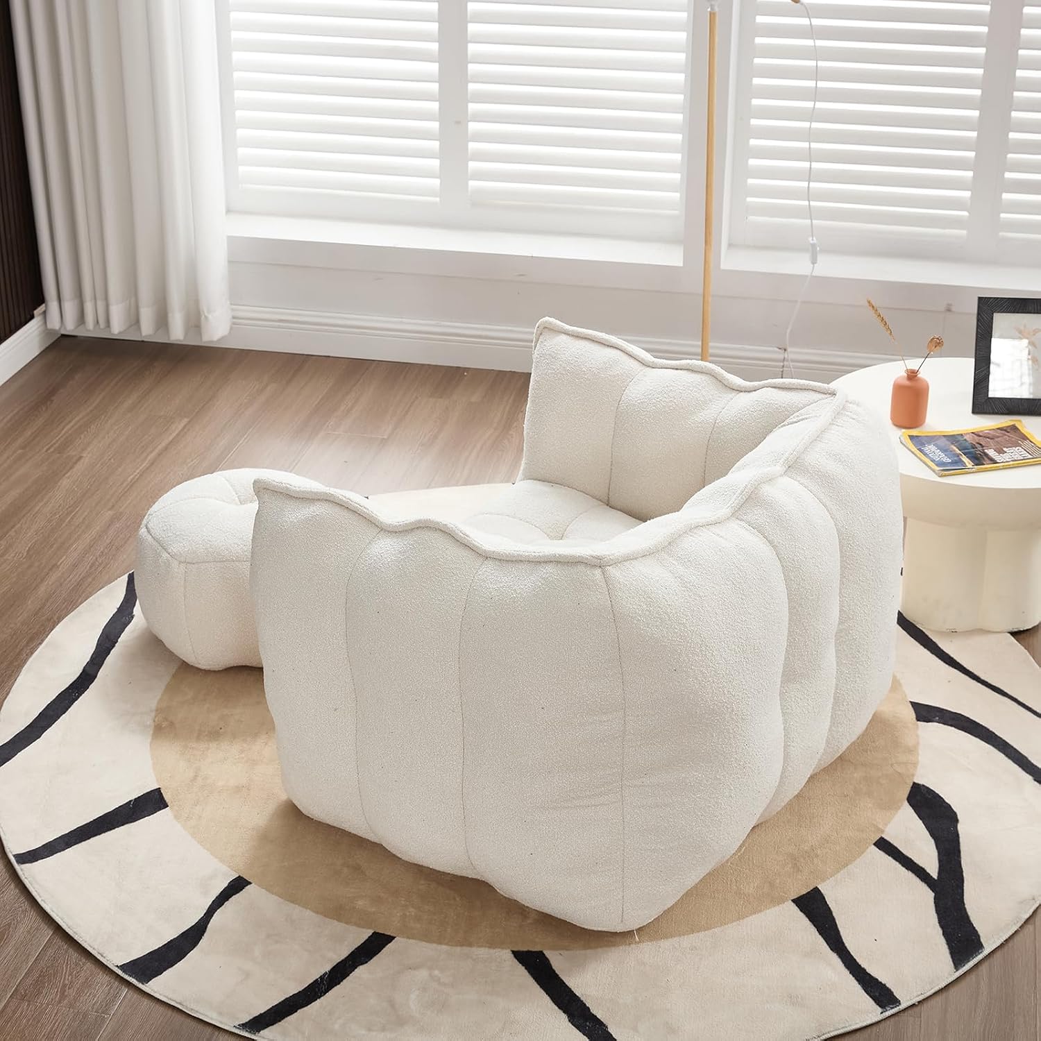 Giant Bean Bag Chair with Ottoman, Oversized Beanbag Chair for Adults, Comfy Floor Sofa Chair with Foam Filler, Pumpkin Lazy Lounger for Living Room, Game Room, Reading Corner, Chenille Beige
