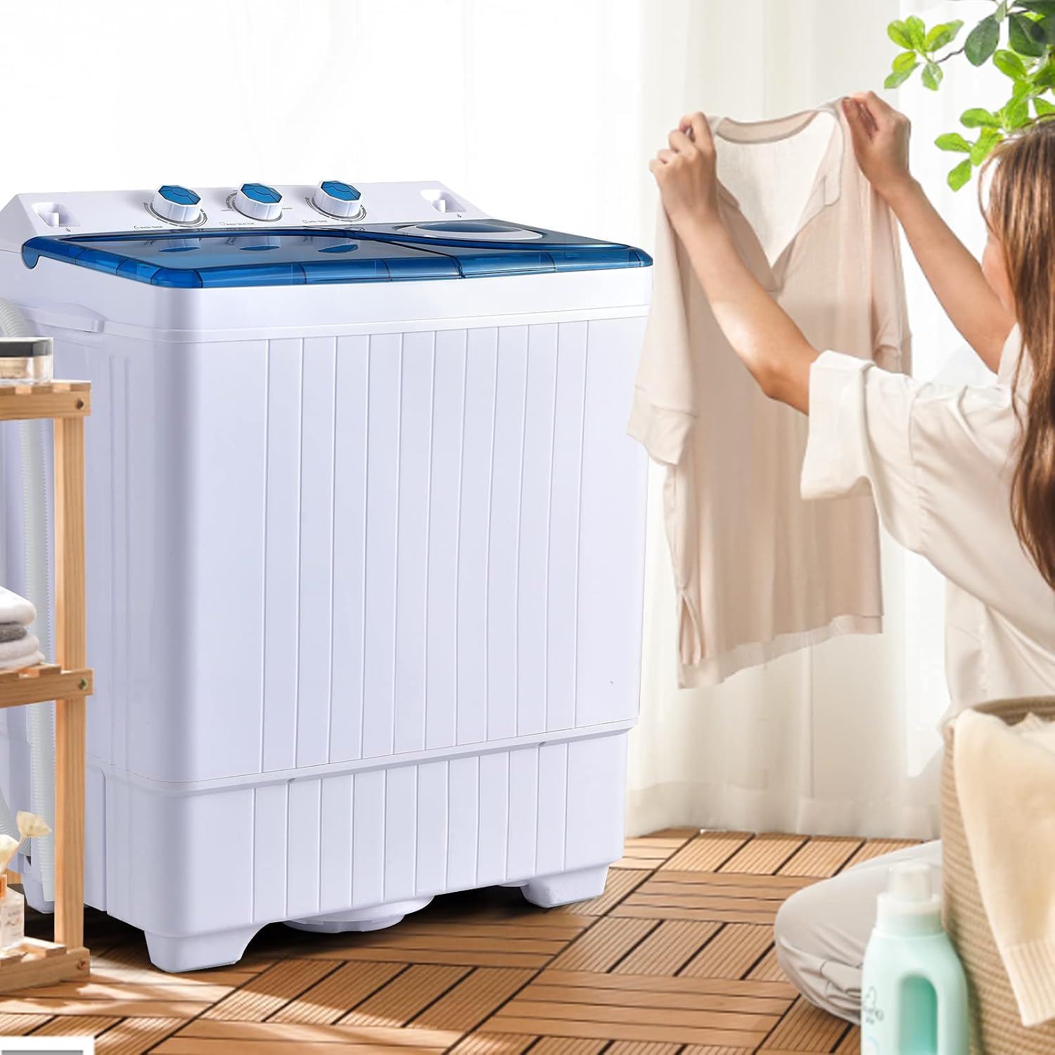 COSTWAY Portable Washing Machine, 2-in-1 Twin Tub 26lbs Capacity Laundry Washer(18lbs) and Spinner(8lbs) with Control Knobs, Timer Function, Drain Pump, Perfect for Home Apartment RV, Blue