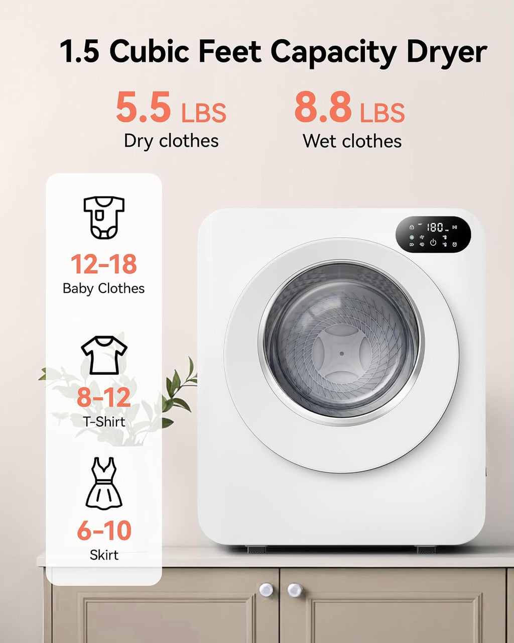 Euhomy 1.5 Cu.Ft Portable Dryer, 850W Clothes Dryer with Stainless Steel Drum, 4 Functions, LED Control Panel, 120V Portable Dryers for Laundry, Suitable for Apartments, Dorm, RVs, White