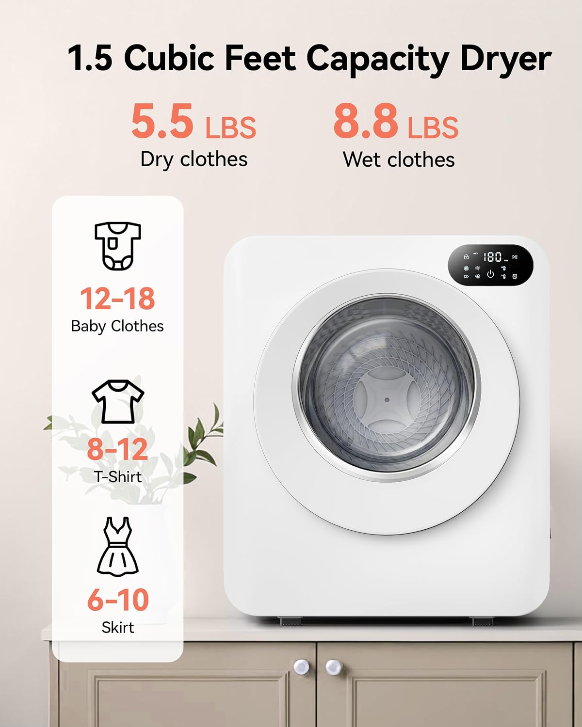 Euhomy 1.5 Cu.Ft Portable Dryer, 850W Clothes Dryer with Stainless Steel Drum, 4 Functions, LED Control Panel, 120V Portable Dryers for Laundry, Suitable for Apartments, Dorm, RVs, White