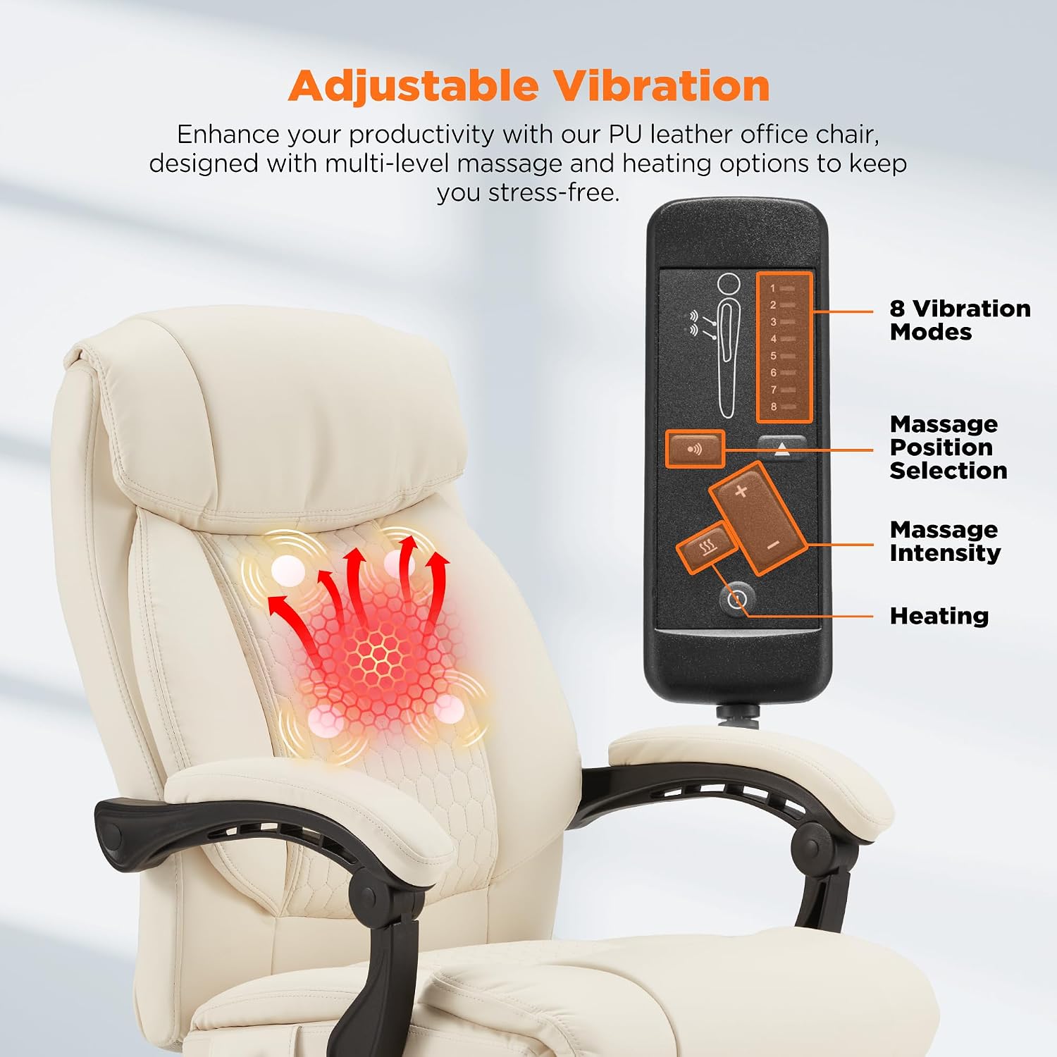 HOMREST 4-Point Massage Office Chair with Heating and Footrest, Reclining Executive Leather Desk Chair, Ergonomic Heated Managerial Chair for Home Office, Beige