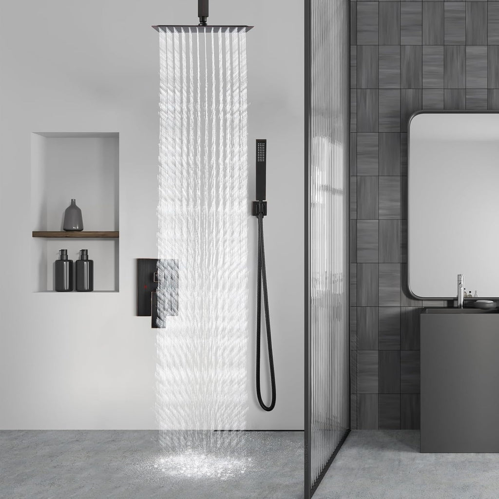 Aolemi Ceiling Mount Shower System Rain Shower Head with Handheld Spray High Pressure Shower Faucet Set Rough-in Valve Shower Trim Kit Included Bathroom Oil Rubbed Bronze 12 Inch Ceiling Shower Head