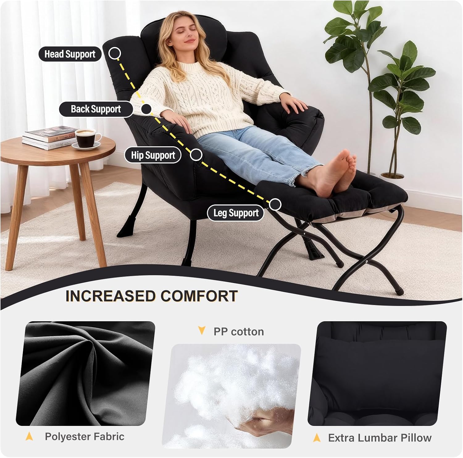 Lazy Chair with Ottoman, Modern Accent Chair with Lumbar Pillow, Black Sofa, Armchairs with Folding Footrest, Oversized Supportive Chairs for Bedroom, Reading