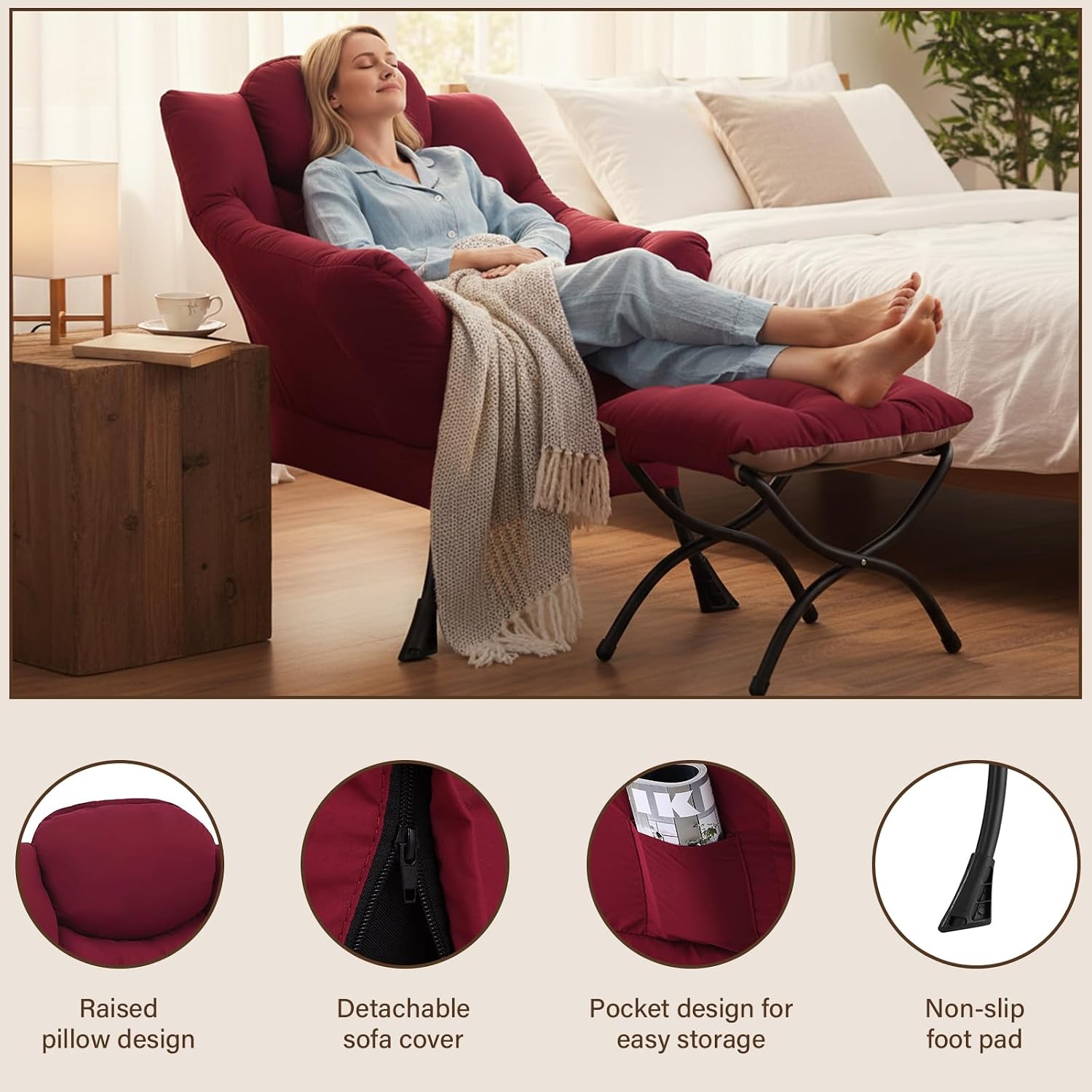 Welnow Lazy Chair with Ottoman, Modern Accent Chair with Armrests and a Side Pocket, Leisure Sofa Armchair, Reading Armchair with Footrest for Small Space, Burgundy