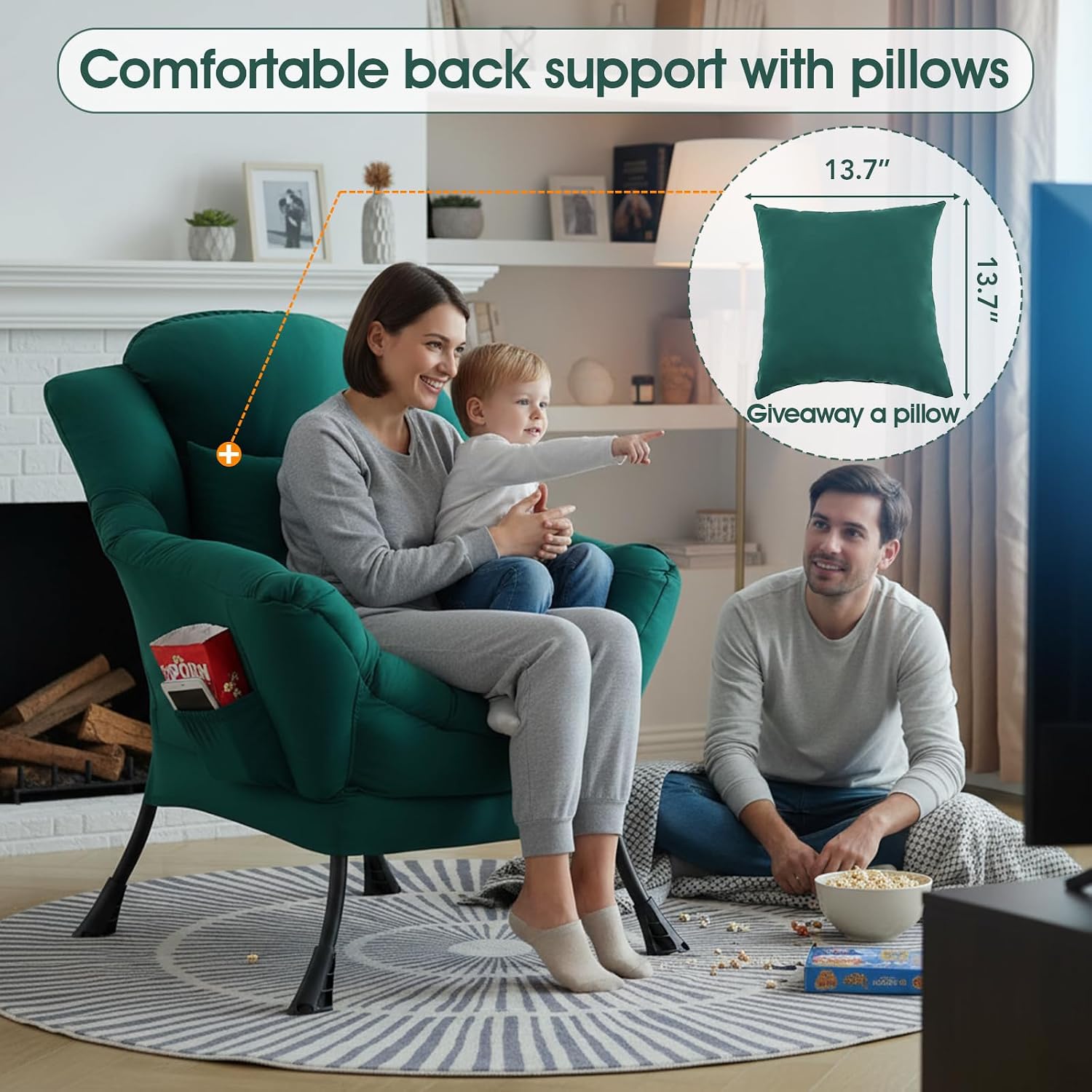 Lazy Chair for Living Room, Large Dark Green Accent Chair with a Throw Pillow, Leisure Sofa Chair Set, Comfy Reading Chair for Bedroom, Dorm Room, Office