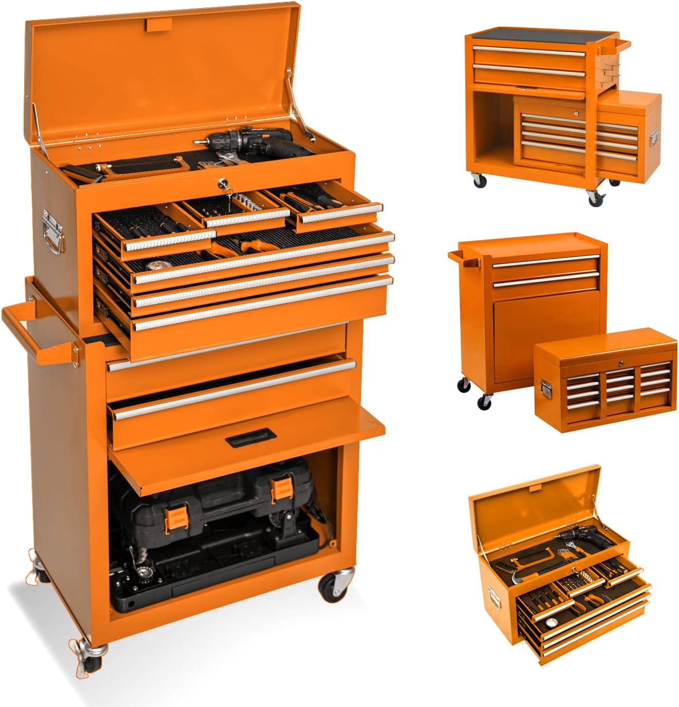 8-Drawer High Capacity Tool Chest, Rolling Tool Box with Lock, Tool Box on 4 Wheels with Sliding Drawers, Tool Storage Cabinet Removable Portable Box for Garage Warehouse New(Orange)