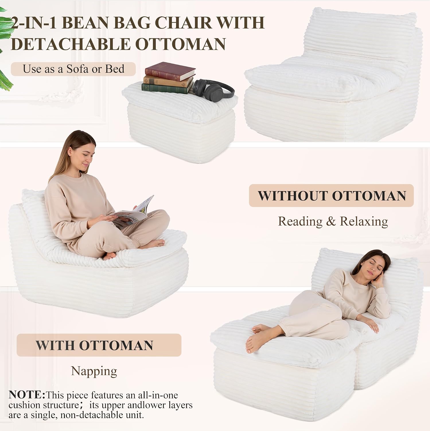 Boneless Chaise Lounge Chair Indoor, Adult Bean Bag Chair with Compressed Memory Foam, Comfy Back Support Sofa Bed Couch for Living Room Bedroom Office Apartment, No Assembly