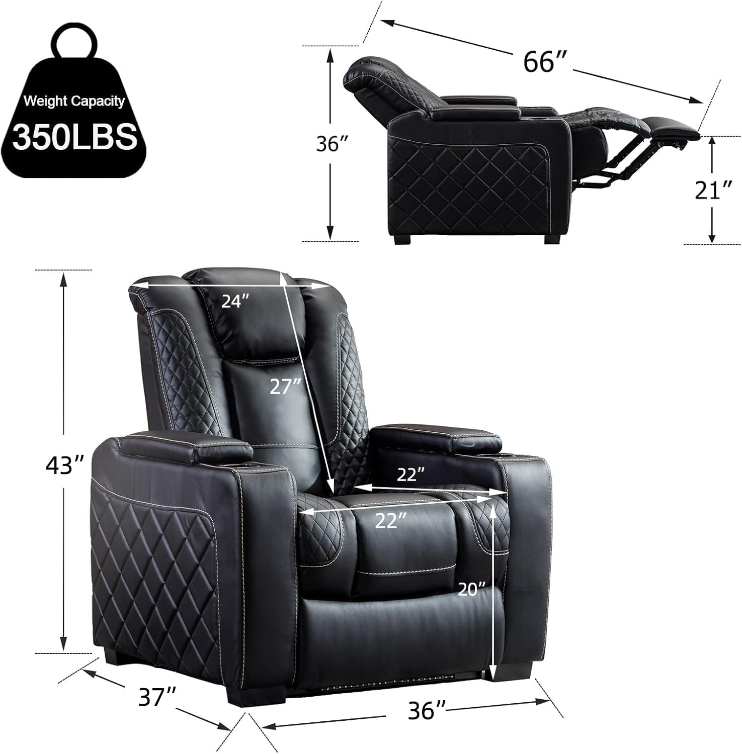 CANMOV Home Theater Seating Set of 2, Faux Leather Electric Power Recliner Chair with Ambient Lighting, Power Headrest, Lumbar Support, Cup Holders, Hidden Arm Storage, USB Ports, Black