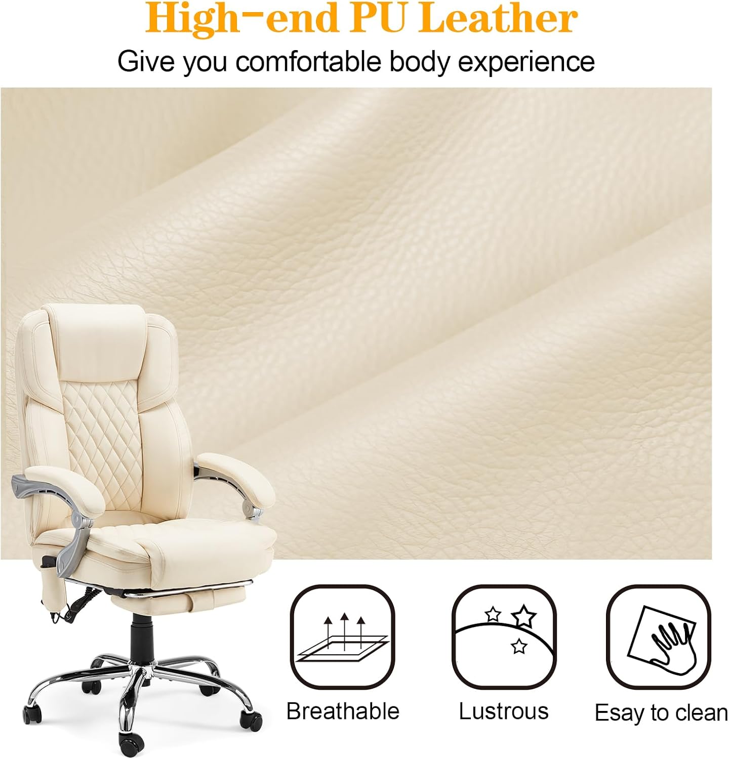 HOMREST Executive Office Chair with Footrest, 6-Point Massage Office Chair with Reclining Backrest, Heated Leather Computer Chair for Home Office(Cream)
