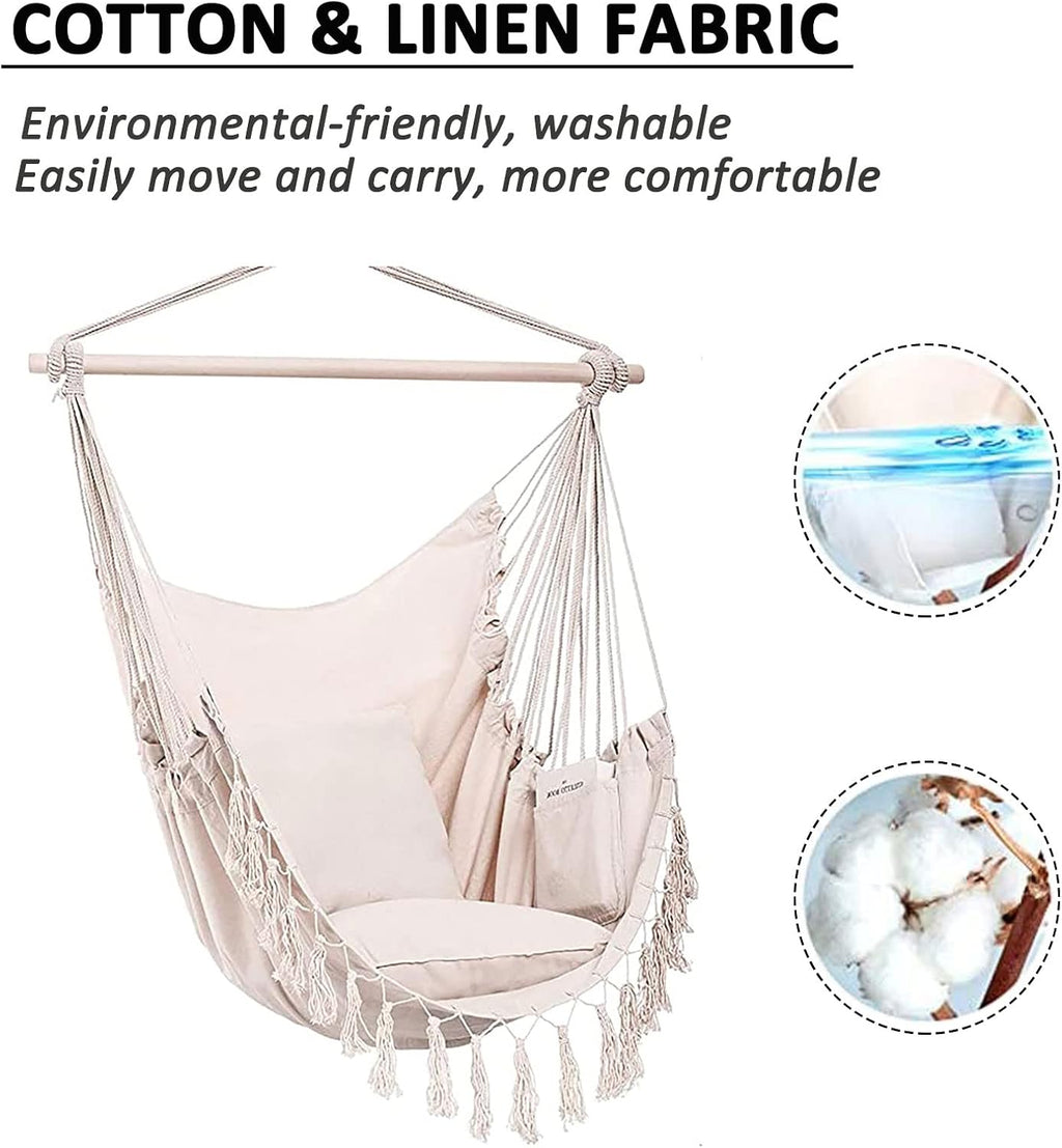 SRHWBF White Hanging Rope Hammock Chair Swing Seat Large Macrame Hanging Chair for Bedroom Patio Porch Yard with 2 Cushions and Storage Bag