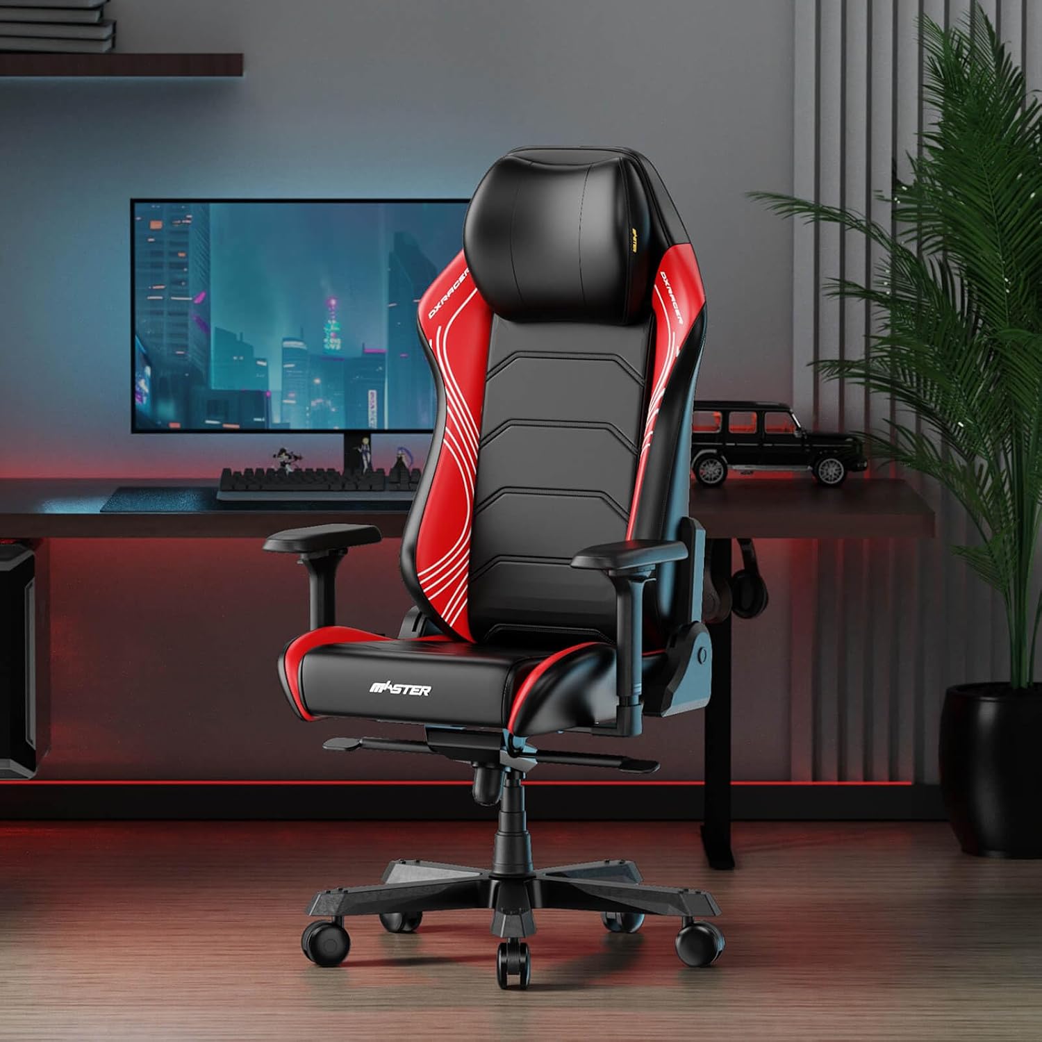 DXRacer Master XL Video Gaming Chairs for Adults, Ergonomic Reclining Computer Gaming Chair, Racing Style Height Adjustable (EPU Leatherette, Black Red Line)
