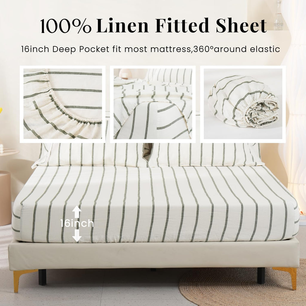S VICTORY SYMBOL 100% Organic Linen Sheets Set Striped,Yarn Dyed Green Vertical Stripe Bed Sheets King Size,French Natural Flax Bedding Set 4pcs