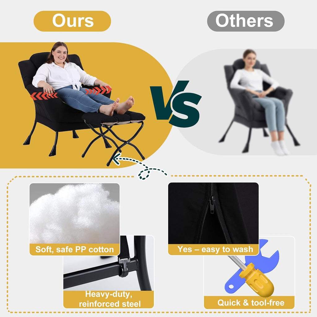 Lazy Chair with Ottoman, Large Accent Chair with Ottoman and a Throw Pillow, Black Reading Chair for Living Room Bedroom Dorm Room Office Apartment Relaxing Use