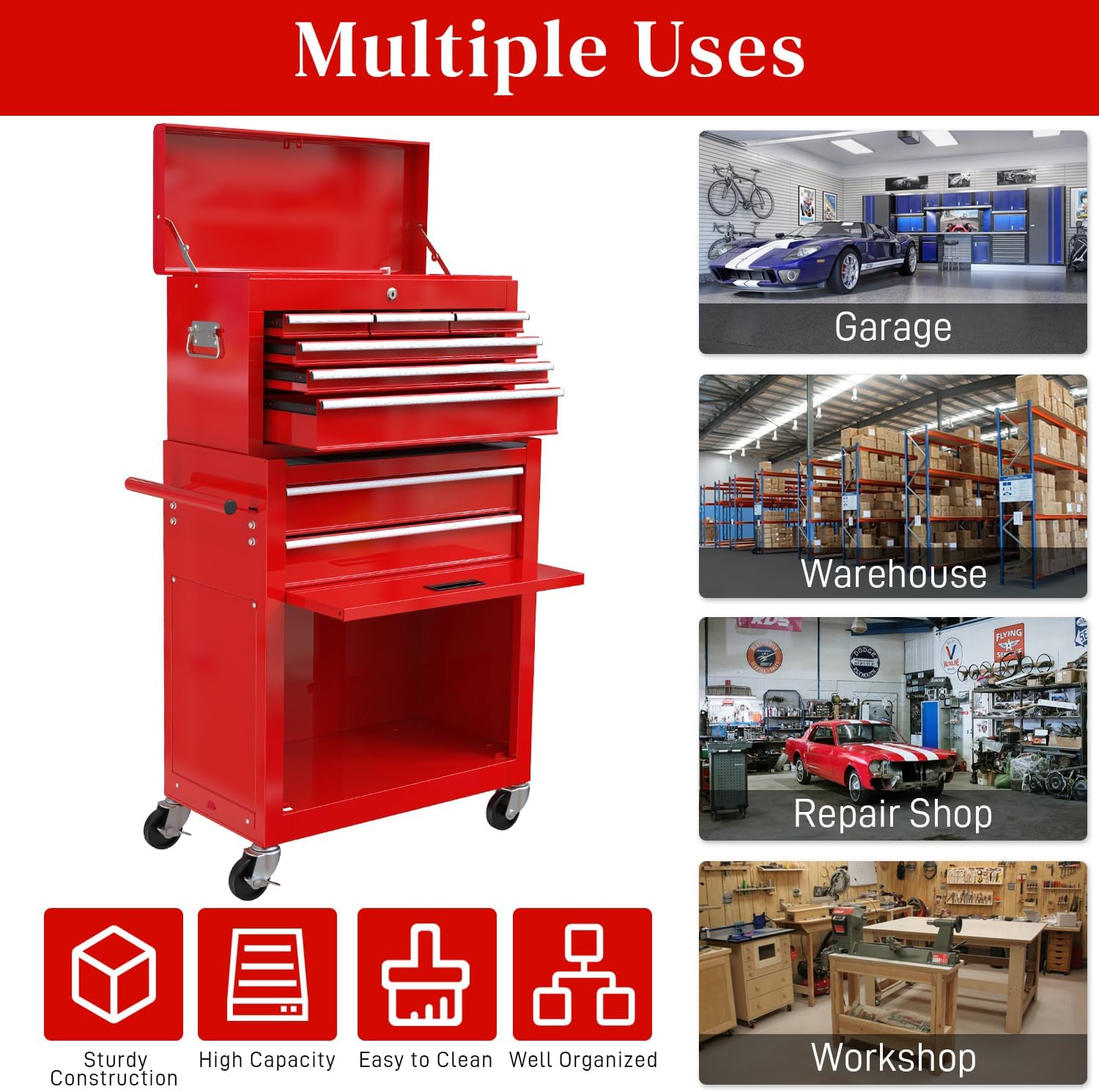 High Capacity Rolling Tool Chest with 8-Drawer Tool Box on Wheels Multifunctional Tool Cart Mechanic Tool Storage Cabinet for Garage, Warehouse, Workshop, Repair Shop (Red)