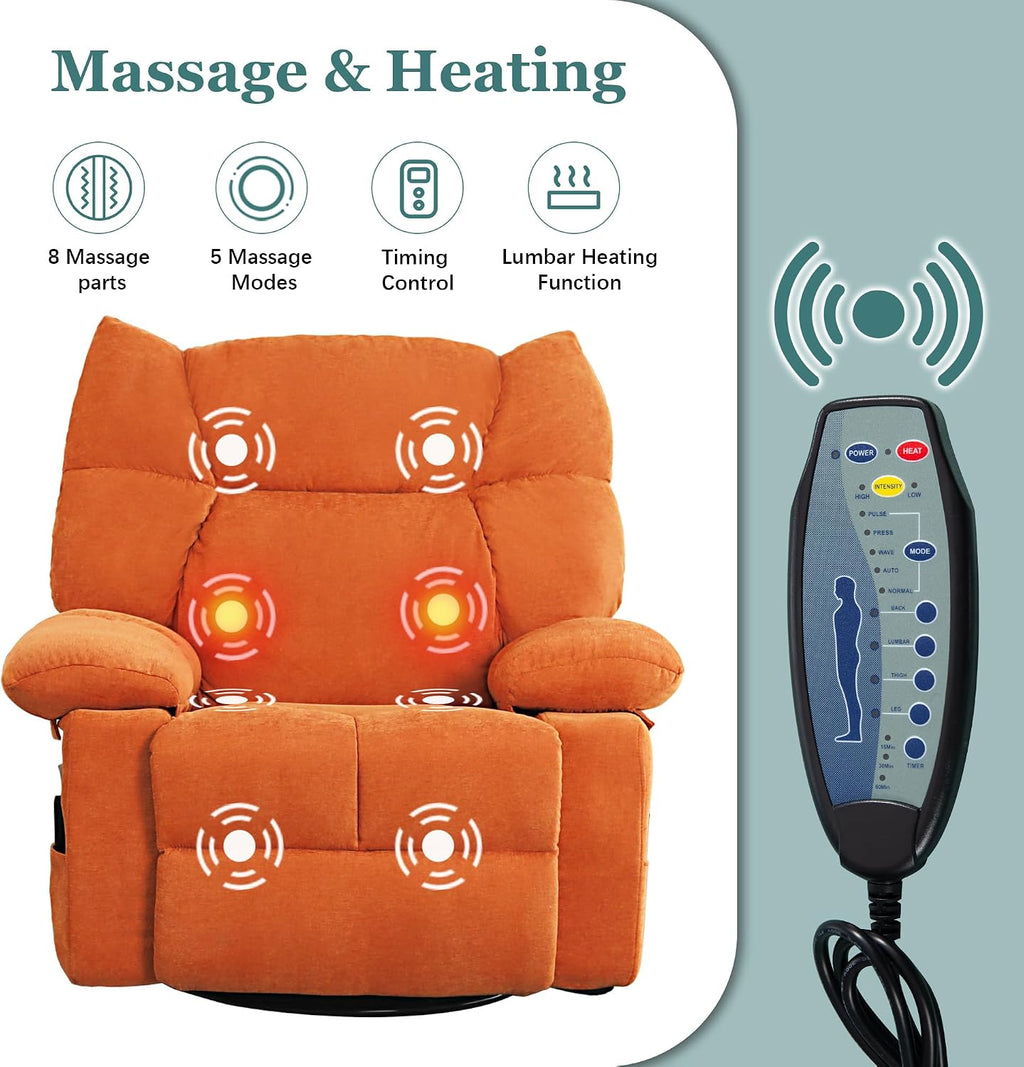 Power Swivel Rocker Recliner Chair Oversized for Adults, Electric Heated & Massage Chair Recliner with USB/Type-C, Fabric Nursery Recliner for Living Room,Bedroom, Orange