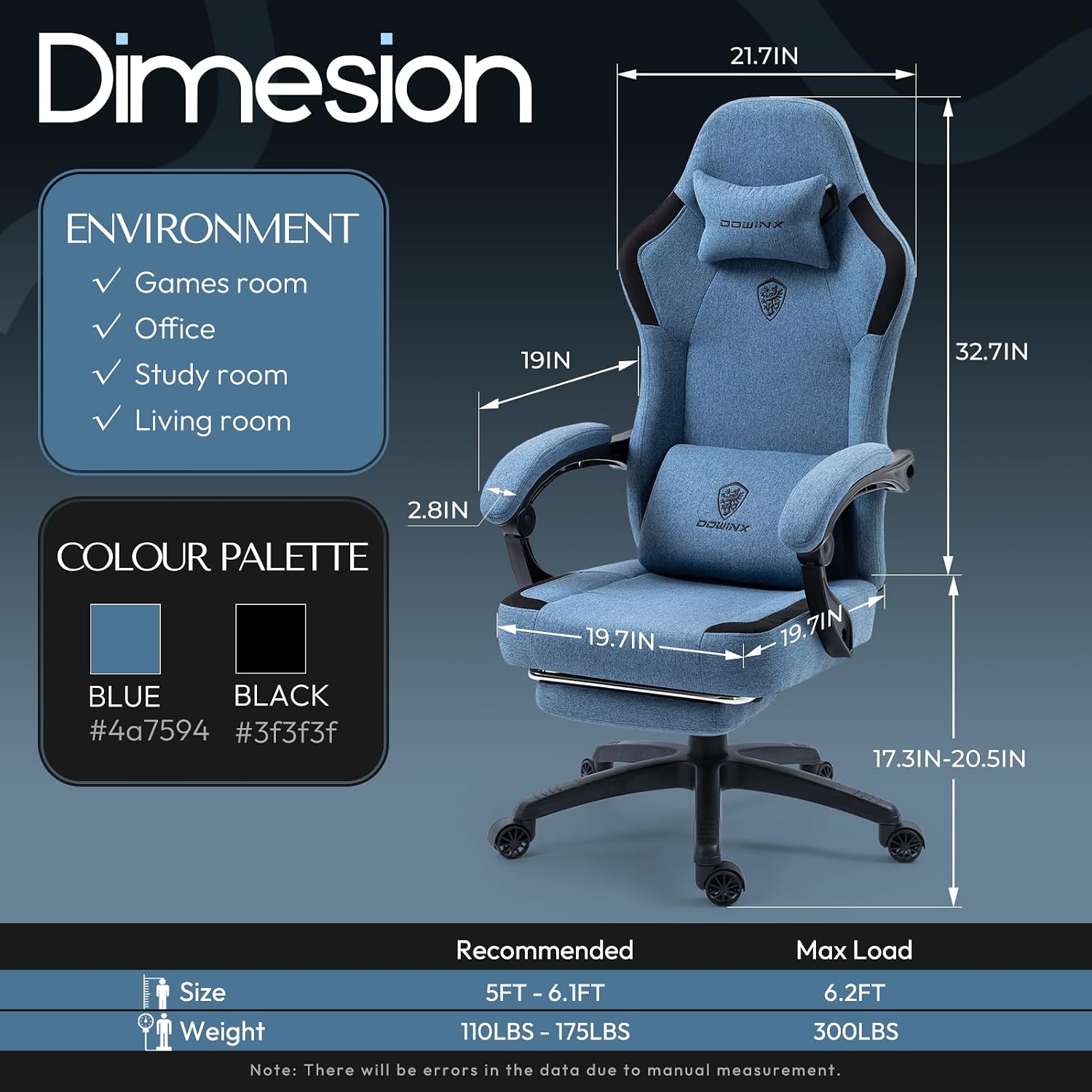 Dowinx Fabric Gaming Chair with Pocket Spring Cushion,Breathable Computer Chair with Massage Lumbar Support and Footrest,High Back Game Office Chair for Adult,Blue