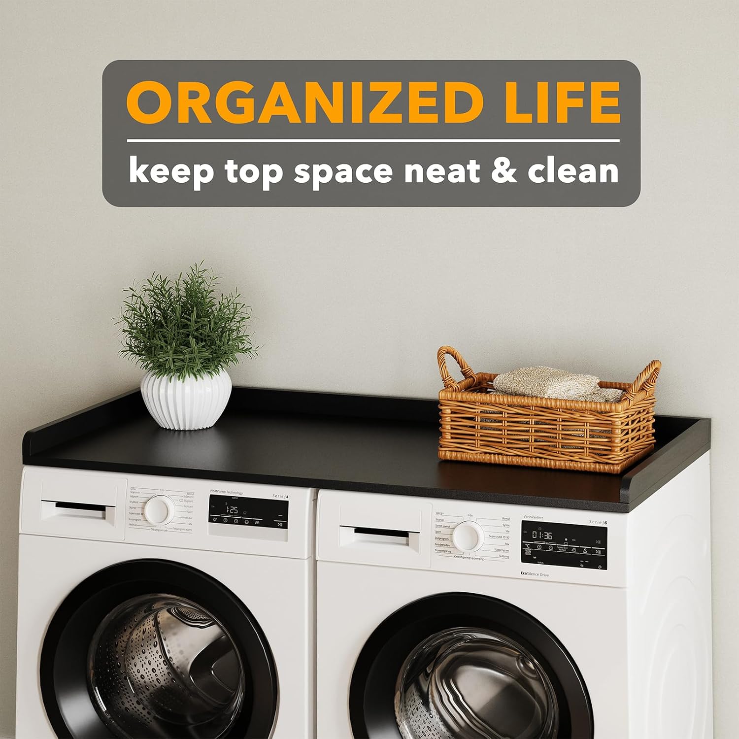 SpaceAid Washer Dryer Countertop, Laundry Wood Shelf Topper with Edge, 54' Width x 27.5' Depth Cover Guard Organizer for Washer and Dryer Laundry Hamper Counter Storage Organization (Black)