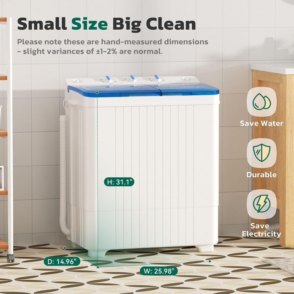 Greenvelly Portable Washing Machine, 28 Lbs Capacity Twin Tub Washing Machine, 18lbs Washer and 10lbs Spinner Combo, Compact Laundry Washer for Apartment,Camping, RVs and Dorms, Blue+White