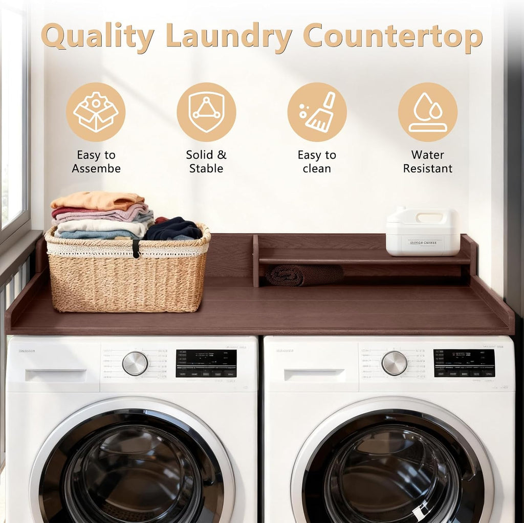 Washer and Dryer Countertop with Shelf, HDPE 2-Tier Laundry Countertop, 54' Wide Laundry Machine Topper with 2 Hooks & Non-Slip Pads for Laundry Room Organization and Folding Clothes (Brown)