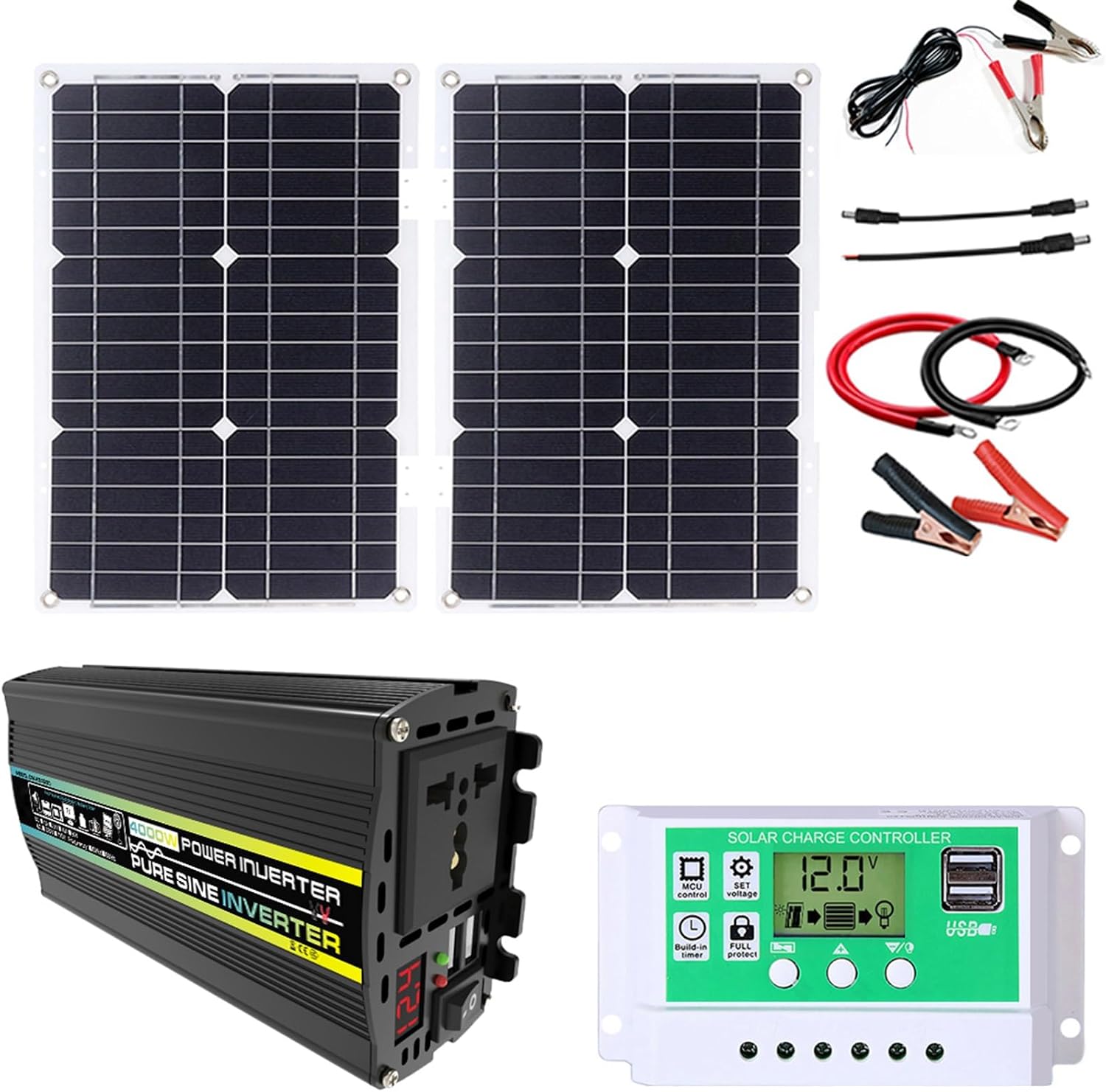 Solar System Kit - 3000W/4000W Inverter with 50A MPPT Controller and 50W Foldable Solar Panel, Home Grid Generator (800W, 12V-110V)