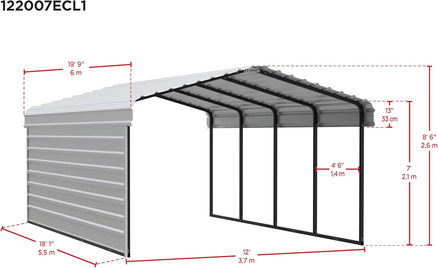 Arrow Carports Galvanized Steel Carport, with 1-Sided Enclosure, Compact Car Metal Carport Kit, 12' x 20' x 7', Charcoal