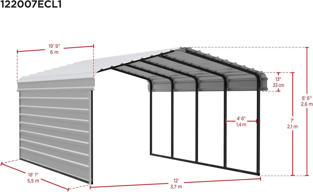 Arrow Carports Galvanized Steel Carport, with 1-Sided Enclosure, Compact Car Metal Carport Kit, 12' x 20' x 7', Eggshell