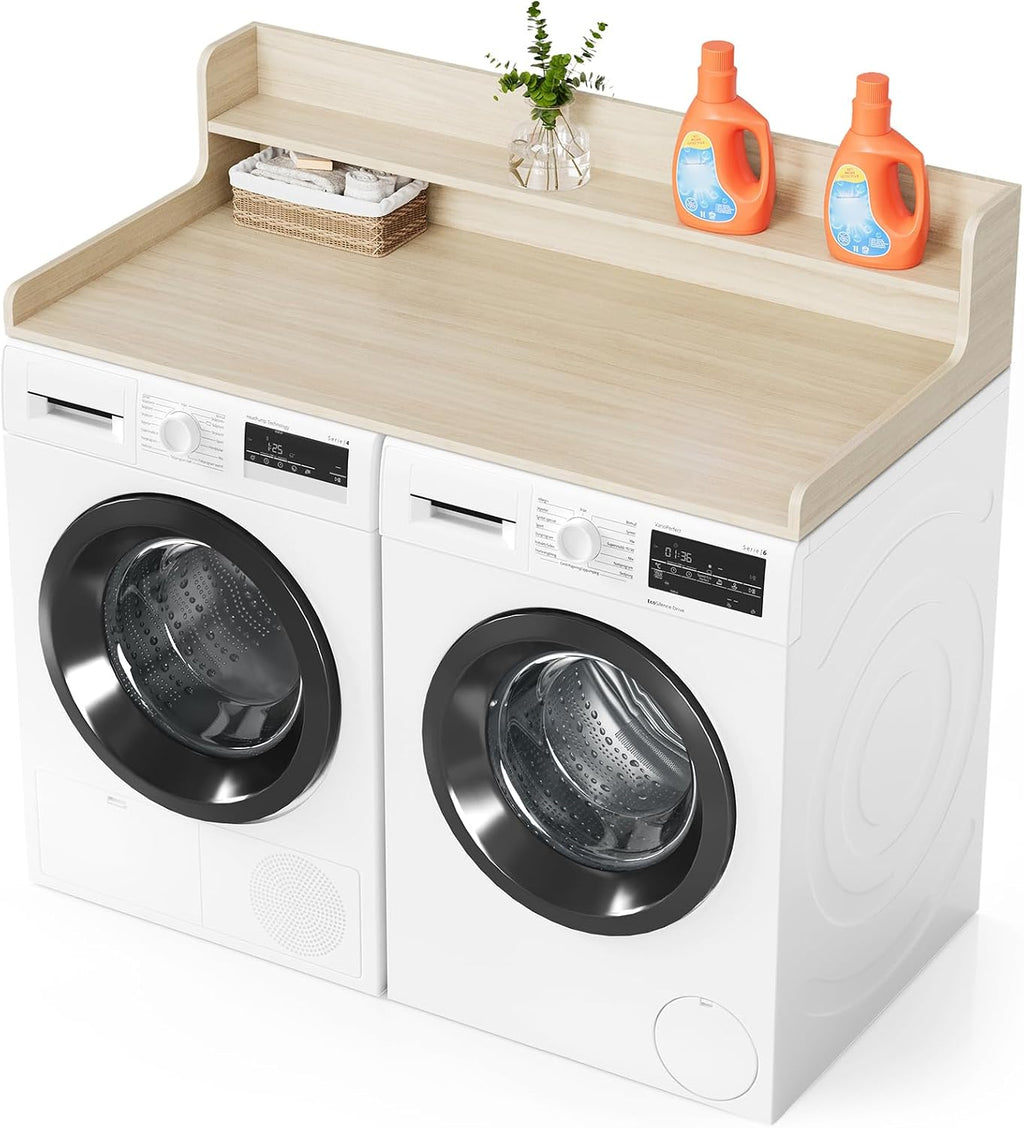 SpaceAid Washer Dryer Countertop with 2-Tier Shelf, Wood Topper with Edge, 54' Width x 27.5' Depth Cover Organizer Guard for Washer and Dryer Counter Laundry Hamper Storage (Oak)