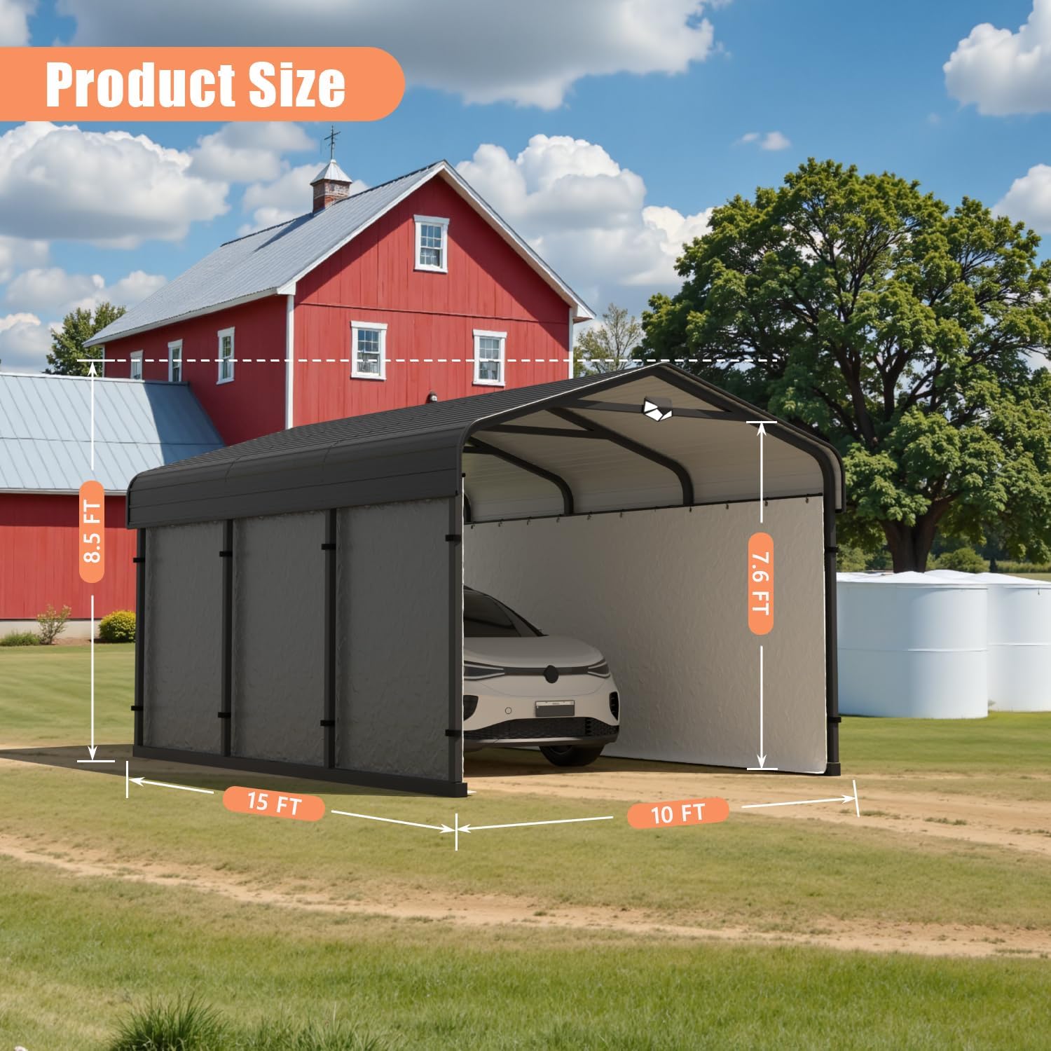 Carports Canopy Heavy Duty, Metal Roof Portable Garage with Sidewalls (10x15, Grey)