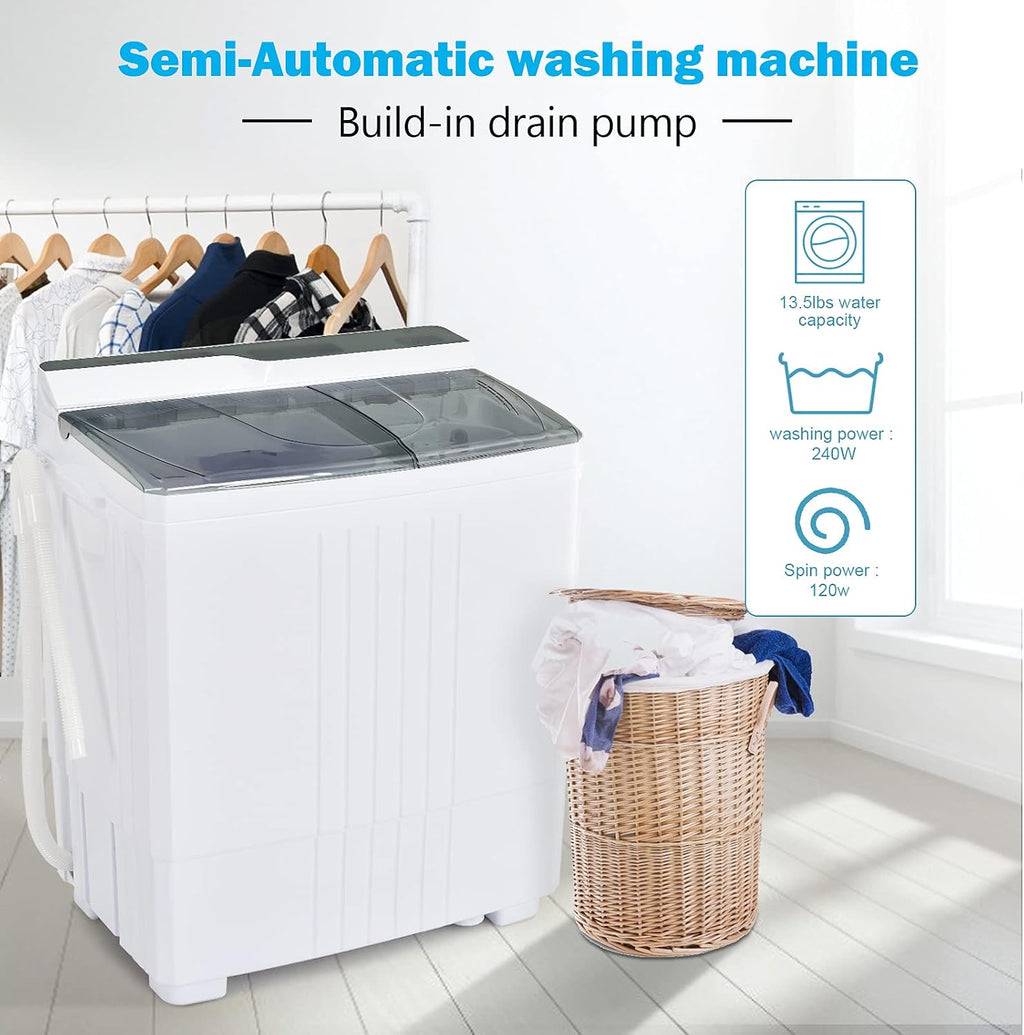 COSTWAY Portable Washing Machine, Twin Tub 21Lbs Capacity, Washer(14.4Lbs) and Spinner(6.6Lbs), Laundry Machine with Control Knobs, Built-in Drain Pump, Compact Washer for Apartment, RV, Grey