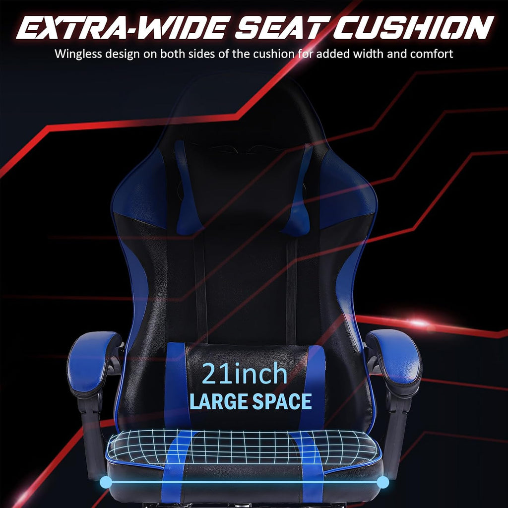 450lbs Big and Tall Gaming Chair with Footrest – Heavy Duty Wide Seat Video Game Chair for Adults, Reclining PU Leather High Back Computer Office Desk Chair with Lumbar Support (Model F, Black+Blue)